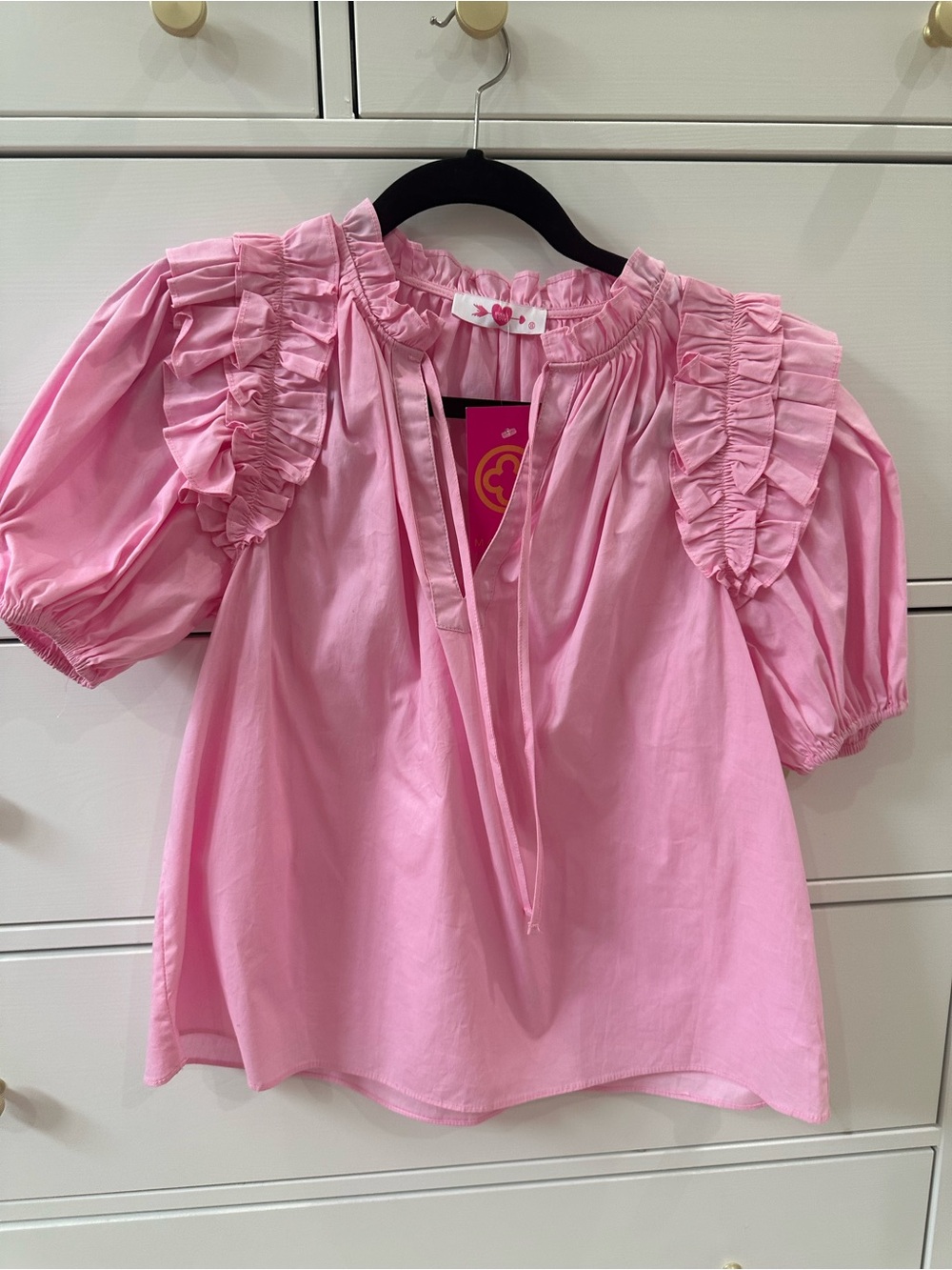 Buddy Love Pink Ruffle-Shoulder Puff Sleeve Blouse